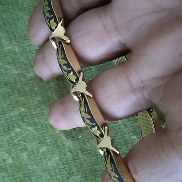 Vintage Damascene Panel Bracelet w/24K Gold Inlay Bird & Floral - Picture 3 of 8